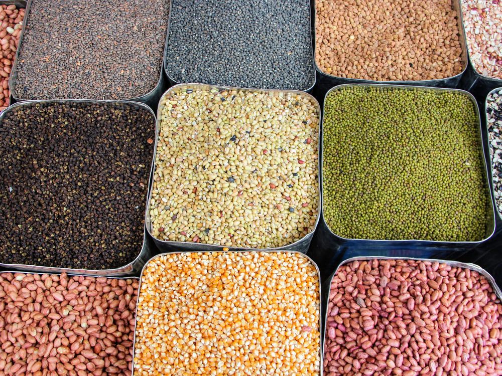 Indian pulses, lentils and beans displayed in bulk