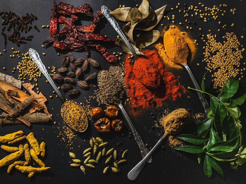 Indian spices including turmeric, red chilli, cumin and cardamom